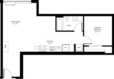 Floor plan for 1 bed, 1 bath, 778 sqft